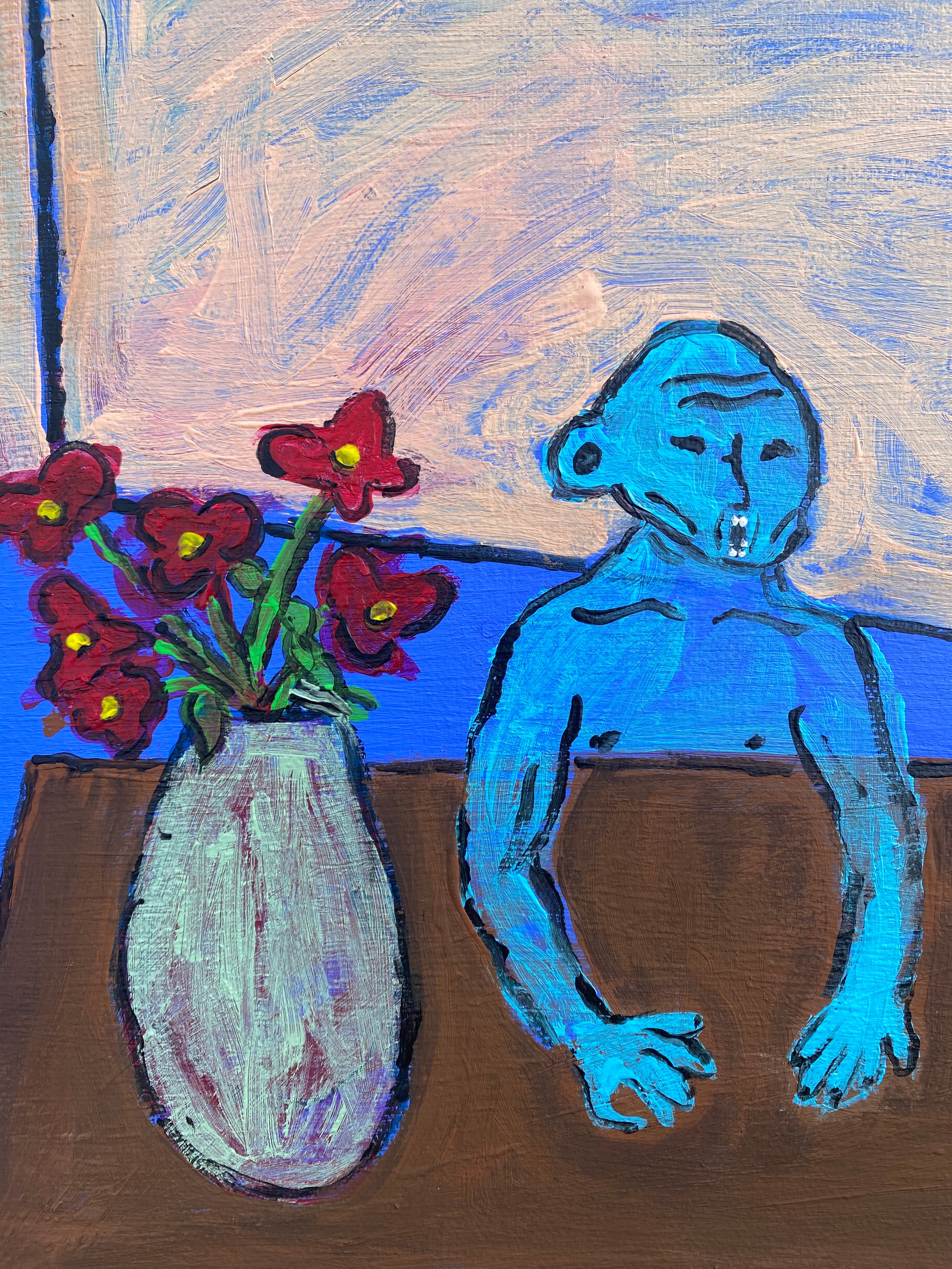 “der Mann neben Blumen und Äpfeln“