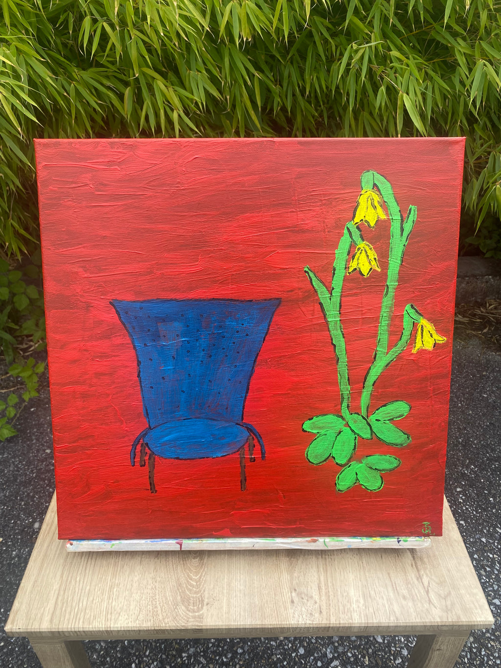 “Stillleben mit Stuhl und Blumen“