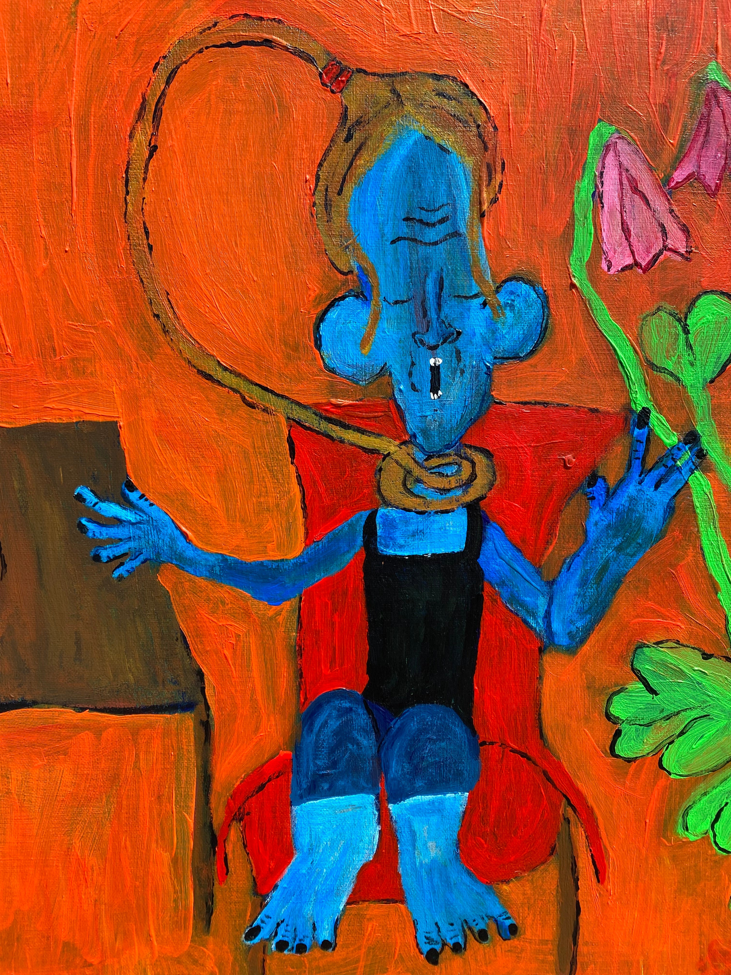 “das Mädchen neben Tisch und Blumen“