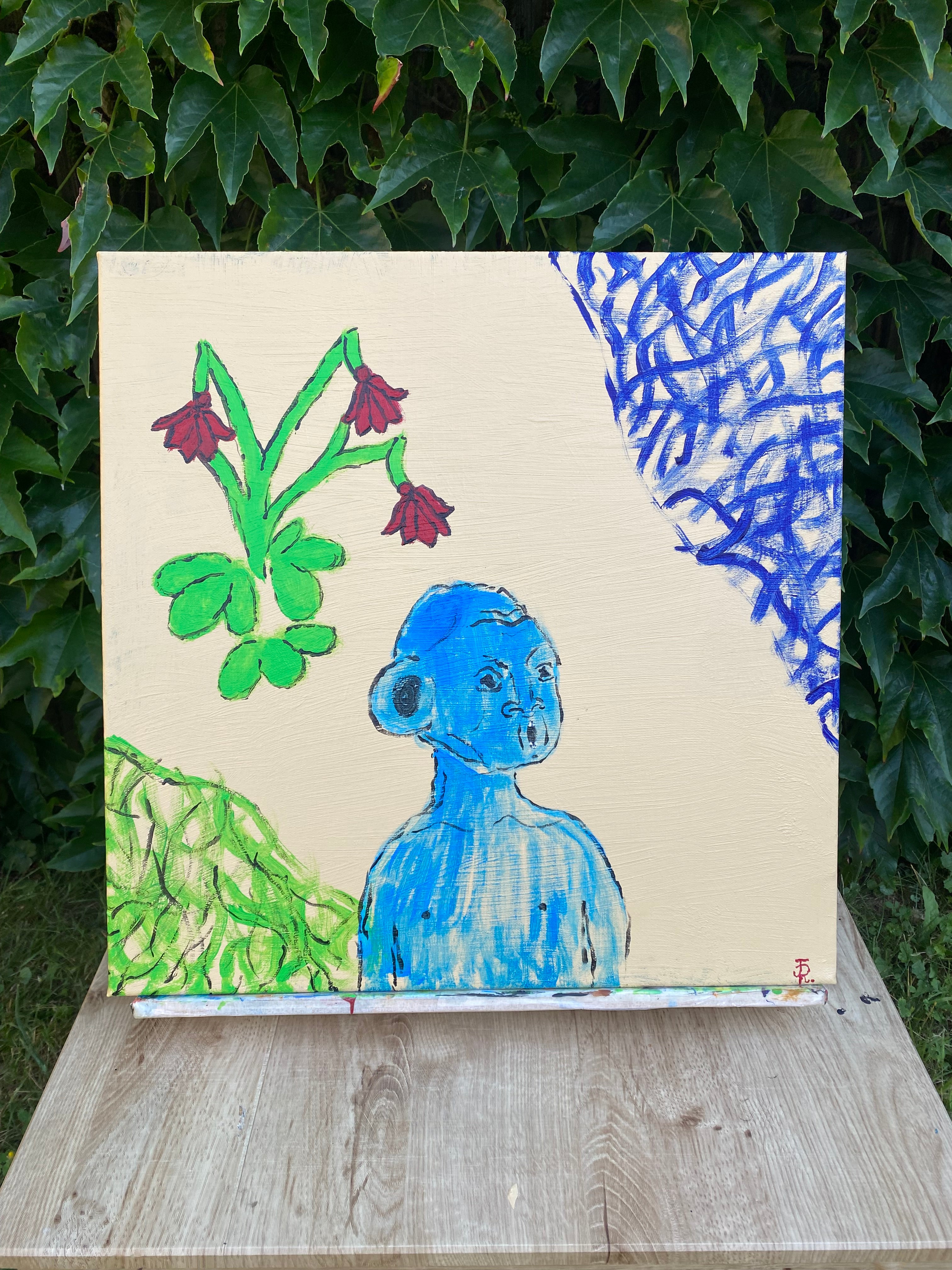 “Selbstporträt neben Meer und Blumen“